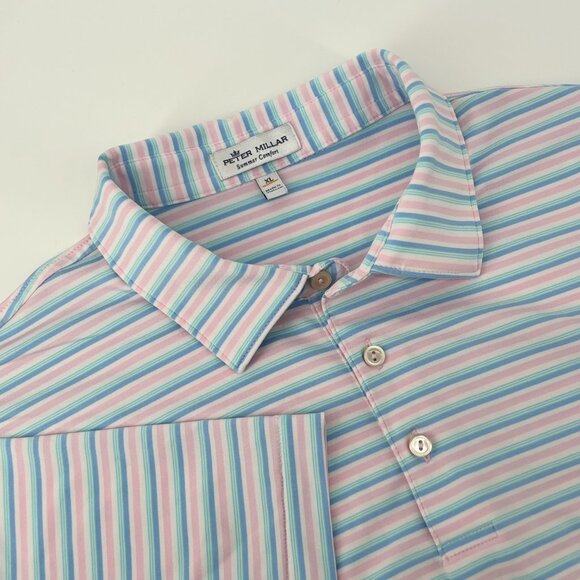 Peter Millar Other - Peter‎ Millar Mens Blue/Pink Striped Logo Summer Comfort SS Performance Polo XL